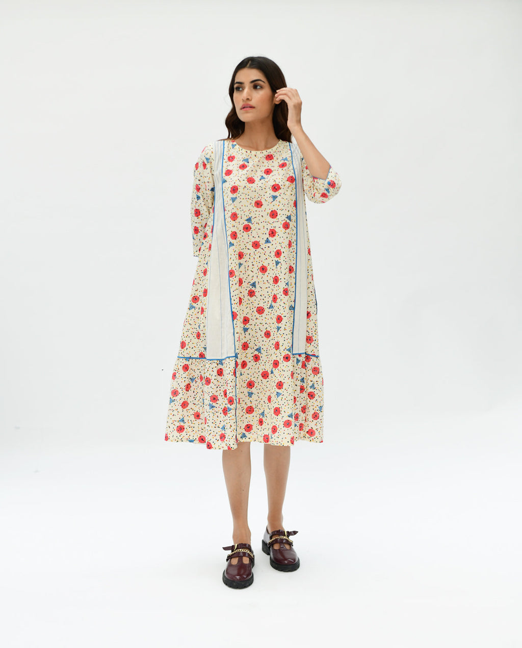 Handblock Printed Midi Dress by Rias Jaipur with 100% Organic Cotton, Casual Wear, Handblock Printed, Handspun, Handwoven, Midi Dresses, Off-White, Prints, Relaxed Fit, Void, Void by Rias Jaipur, Womenswear at Kamakhyaa for sustainable fashion