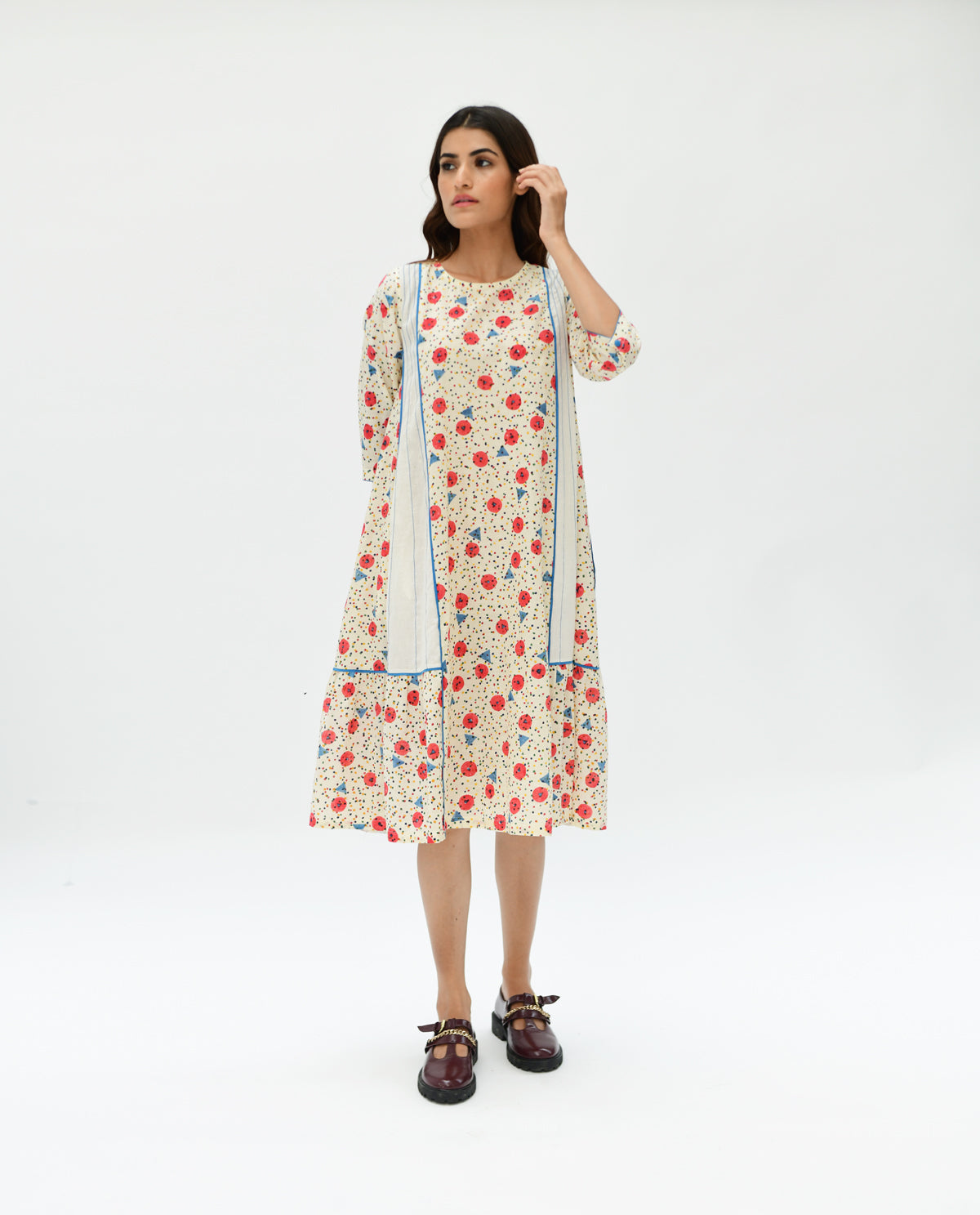Handblock Printed Midi Dress by Rias Jaipur with 100% Organic Cotton, Casual Wear, Handblock Printed, Handspun, Handwoven, Midi Dresses, Off-White, Prints, Relaxed Fit, Void, Void by Rias Jaipur, Womenswear at Kamakhyaa for sustainable fashion