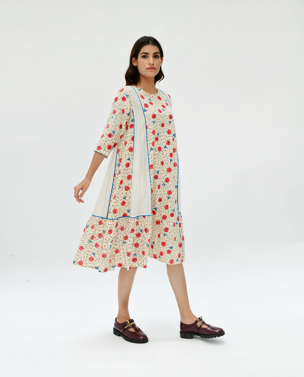 Handblock Printed Midi Dress by Rias Jaipur with 100% Organic Cotton, Casual Wear, Handblock Printed, Handspun, Handwoven, Midi Dresses, Off-White, Prints, Relaxed Fit, Void, Void by Rias Jaipur, Womenswear at Kamakhyaa for sustainable fashion