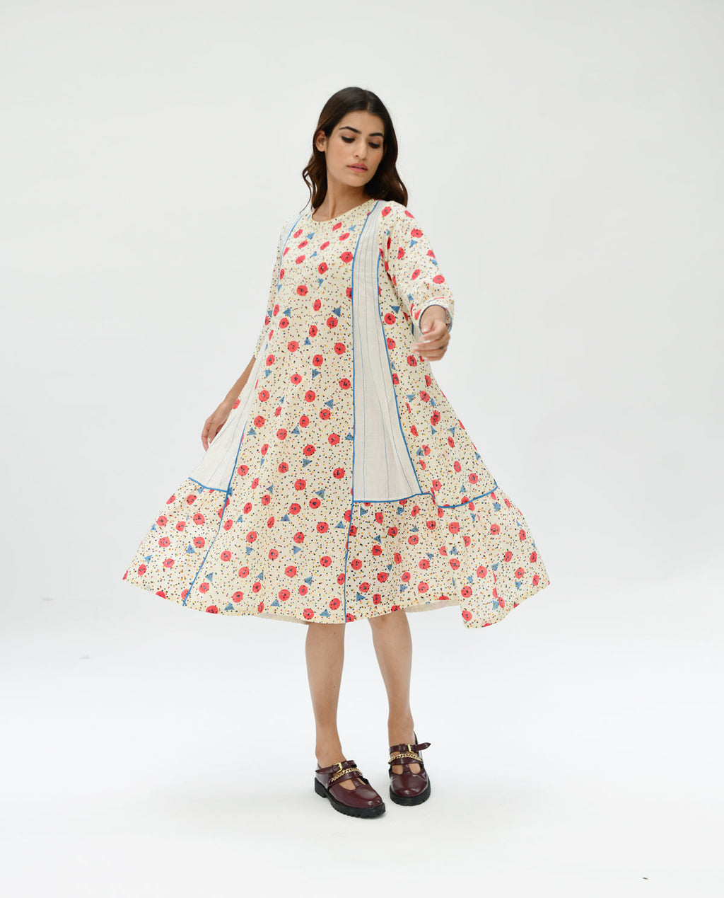 Handblock Printed Midi Dress by Rias Jaipur with 100% Organic Cotton, Casual Wear, Handblock Printed, Handspun, Handwoven, Midi Dresses, Off-White, Prints, Relaxed Fit, Void, Void by Rias Jaipur, Womenswear at Kamakhyaa for sustainable fashion