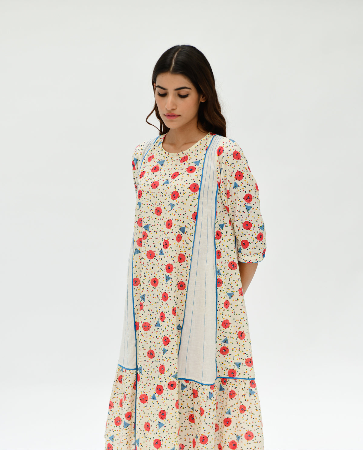 Handblock Printed Midi Dress by Rias Jaipur with 100% Organic Cotton, Casual Wear, Handblock Printed, Handspun, Handwoven, Midi Dresses, Off-White, Prints, Relaxed Fit, Void, Void by Rias Jaipur, Womenswear at Kamakhyaa for sustainable fashion