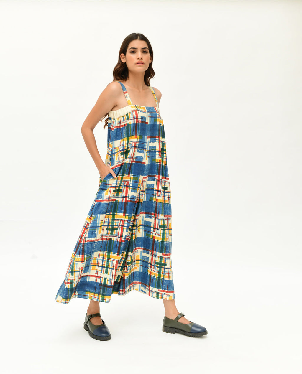 Multicolor Handblock Printed Jumpsuit by Rias Jaipur with 100% Organic Cotton, Casual Wear, Handblock Printed, Handspun, Handwoven, Jumpsuits, Off-White, Prints, Relaxed Fit, Stellar Print, Stripes, Void, Void by Rias Jaipur, Womenswear at Kamakhyaa for sustainable fashion