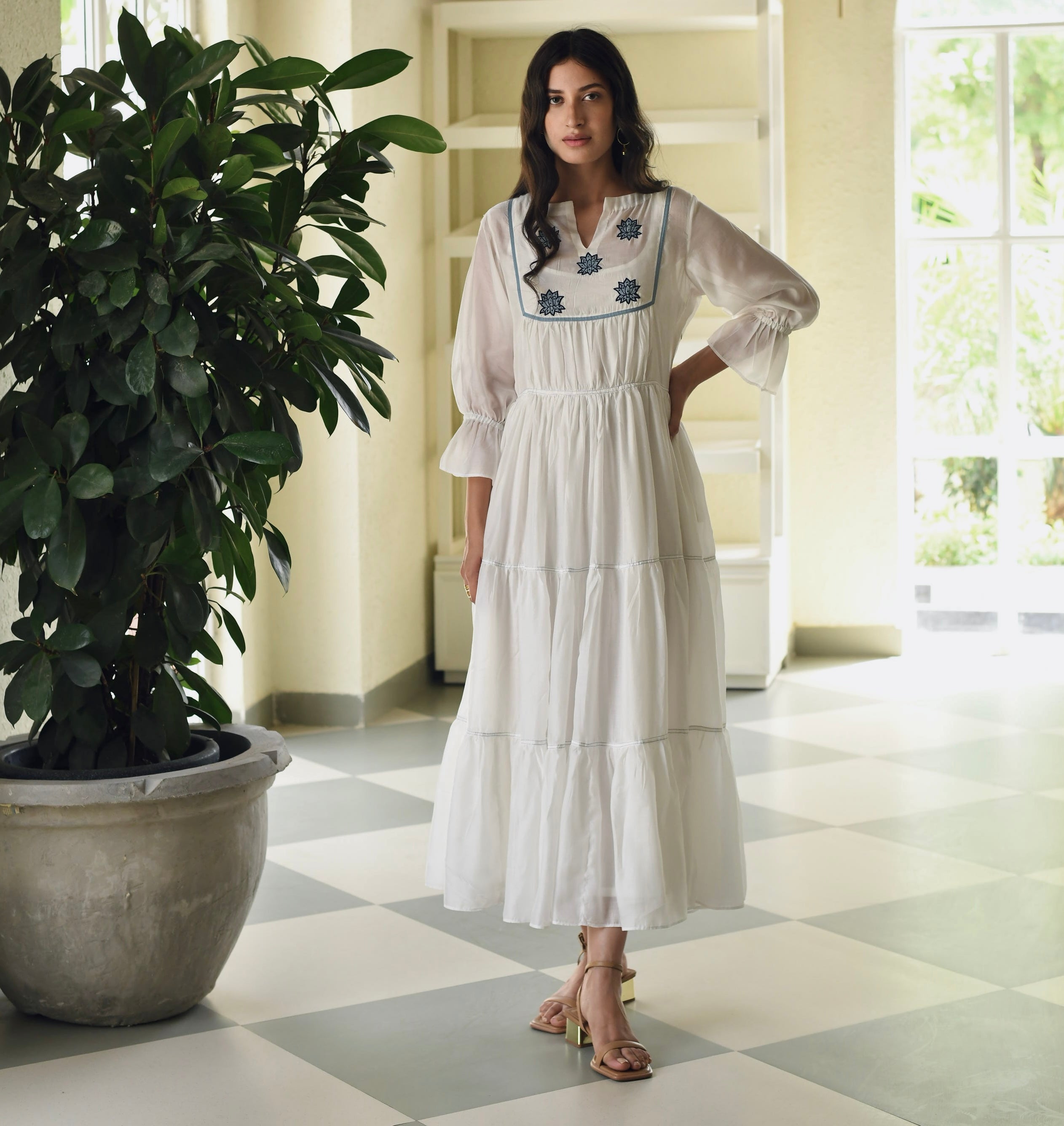 Blue Silk Embroidered Tiered Dress by Taro with Best Selling, Dusk To Dawn by Taro, Embroidered, Evening Wear, FB ADS JUNE, For Anniversary, July Sale, July Sale 2023, Modal silk, Natural, Regular Fit, Silk, Tiered Dresses, Womenswear at Kamakhyaa for sustainable fashion