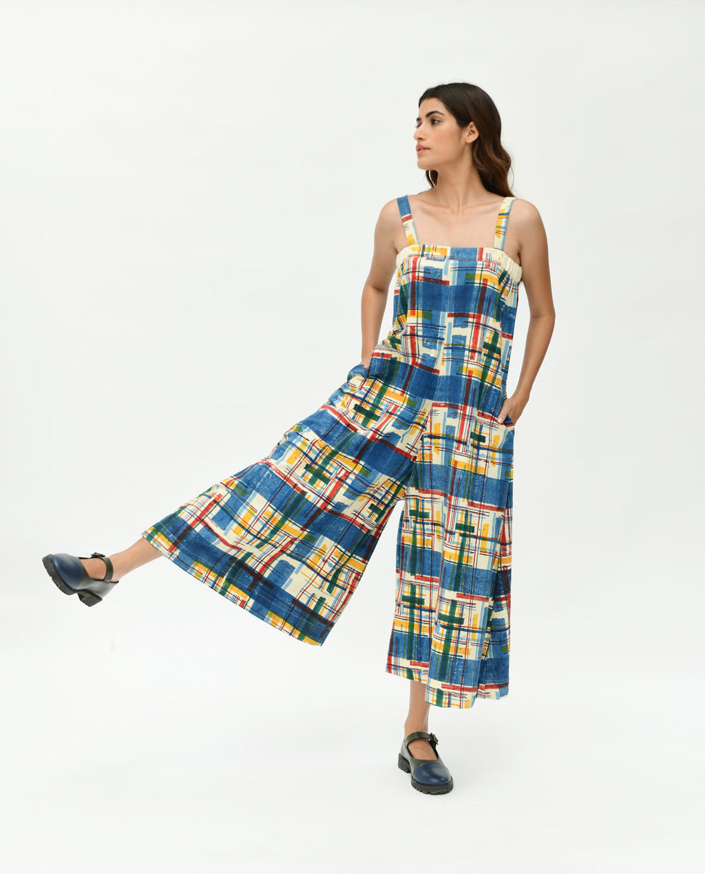 Multicolor Handblock Printed Jumpsuit by Rias Jaipur with 100% Organic Cotton, Casual Wear, Handblock Printed, Handspun, Handwoven, Jumpsuits, Off-White, Prints, Relaxed Fit, Stellar Print, Stripes, Void, Void by Rias Jaipur, Womenswear at Kamakhyaa for sustainable fashion