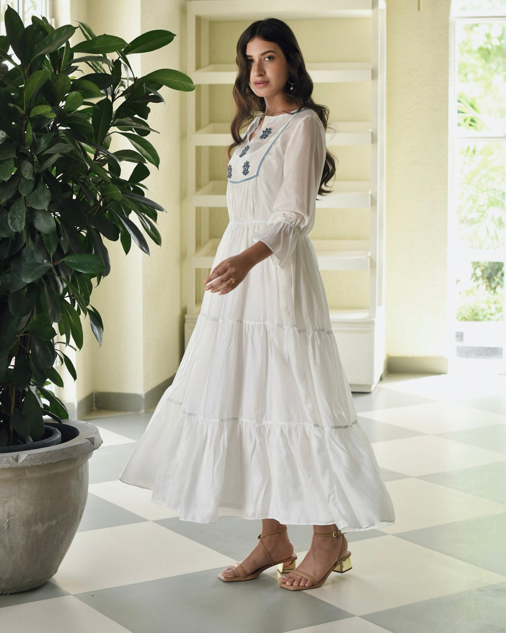 Blue Silk Embroidered Tiered Dress by Taro with Best Selling, Dusk To Dawn by Taro, Embroidered, Evening Wear, FB ADS JUNE, For Anniversary, July Sale, July Sale 2023, Modal silk, Natural, Regular Fit, Silk, Tiered Dresses, Womenswear at Kamakhyaa for sustainable fashion