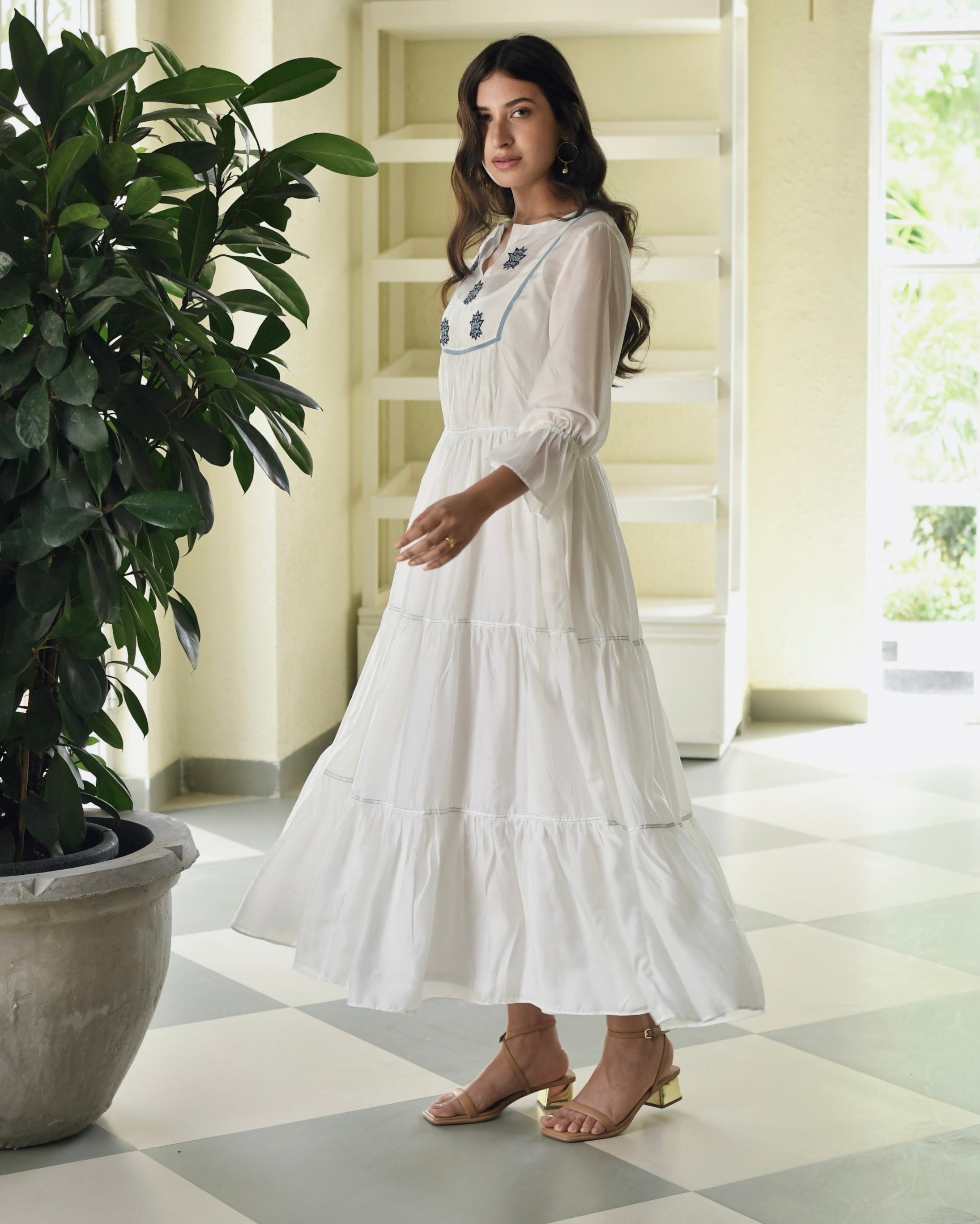 Blue Silk Embroidered Tiered Dress by Taro with Best Selling, Dusk To Dawn by Taro, Embroidered, Evening Wear, FB ADS JUNE, For Anniversary, July Sale, July Sale 2023, Modal silk, Natural, Regular Fit, Silk, Tiered Dresses, Womenswear at Kamakhyaa for sustainable fashion