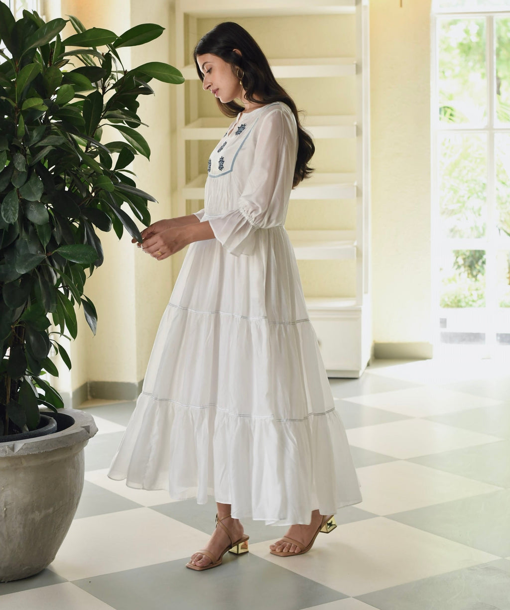 Blue Silk Embroidered Tiered Dress by Taro with Best Selling, Dusk To Dawn by Taro, Embroidered, Evening Wear, FB ADS JUNE, For Anniversary, July Sale, July Sale 2023, Modal silk, Natural, Regular Fit, Silk, Tiered Dresses, Womenswear at Kamakhyaa for sustainable fashion