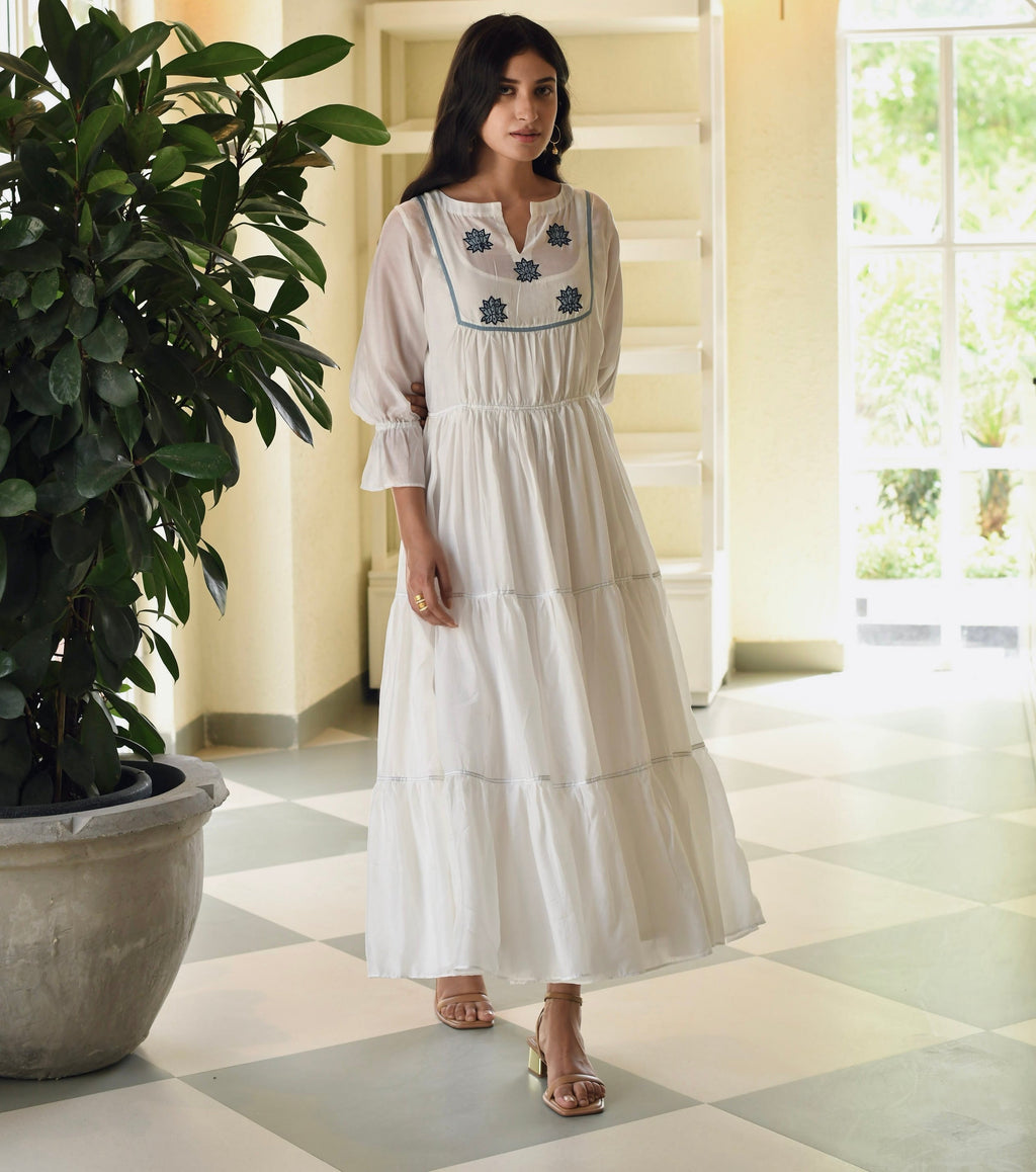 Blue Silk Embroidered Tiered Dress by Taro with Best Selling, Dusk To Dawn by Taro, Embroidered, Evening Wear, FB ADS JUNE, For Anniversary, July Sale, July Sale 2023, Modal silk, Natural, Regular Fit, Silk, Tiered Dresses, Womenswear at Kamakhyaa for sustainable fashion