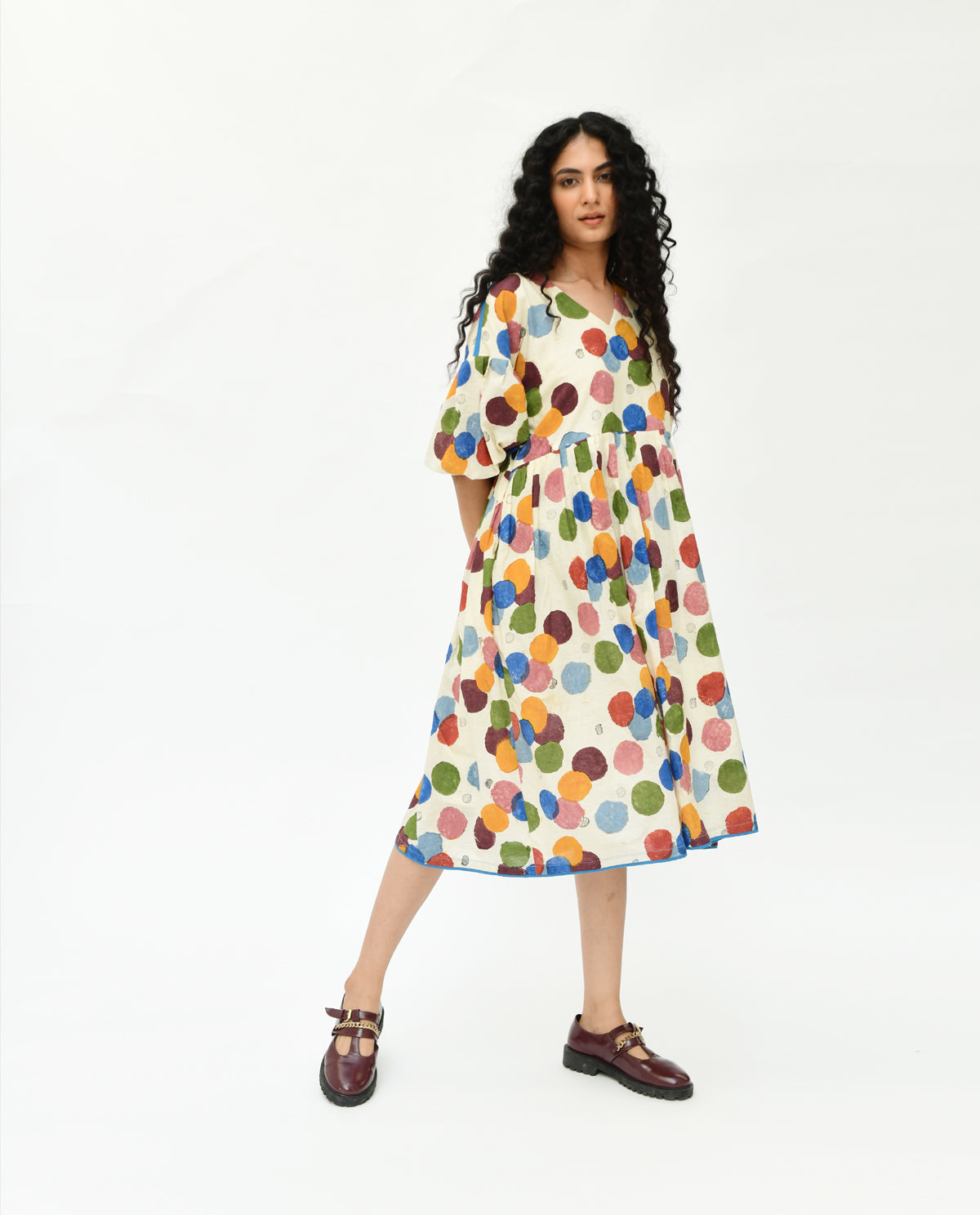 Multicolor Printed Midi Dress by Rias Jaipur with 100% Organic Cotton, Best Selling, Casual Wear, Handblock Printed, Handspun, Handwoven, Midi Dresses, Off-White, Polka Dots, Prints, Relaxed Fit, Void, Void by Rias Jaipur, Void Polka, Womenswear at Kamakhyaa for sustainable fashion