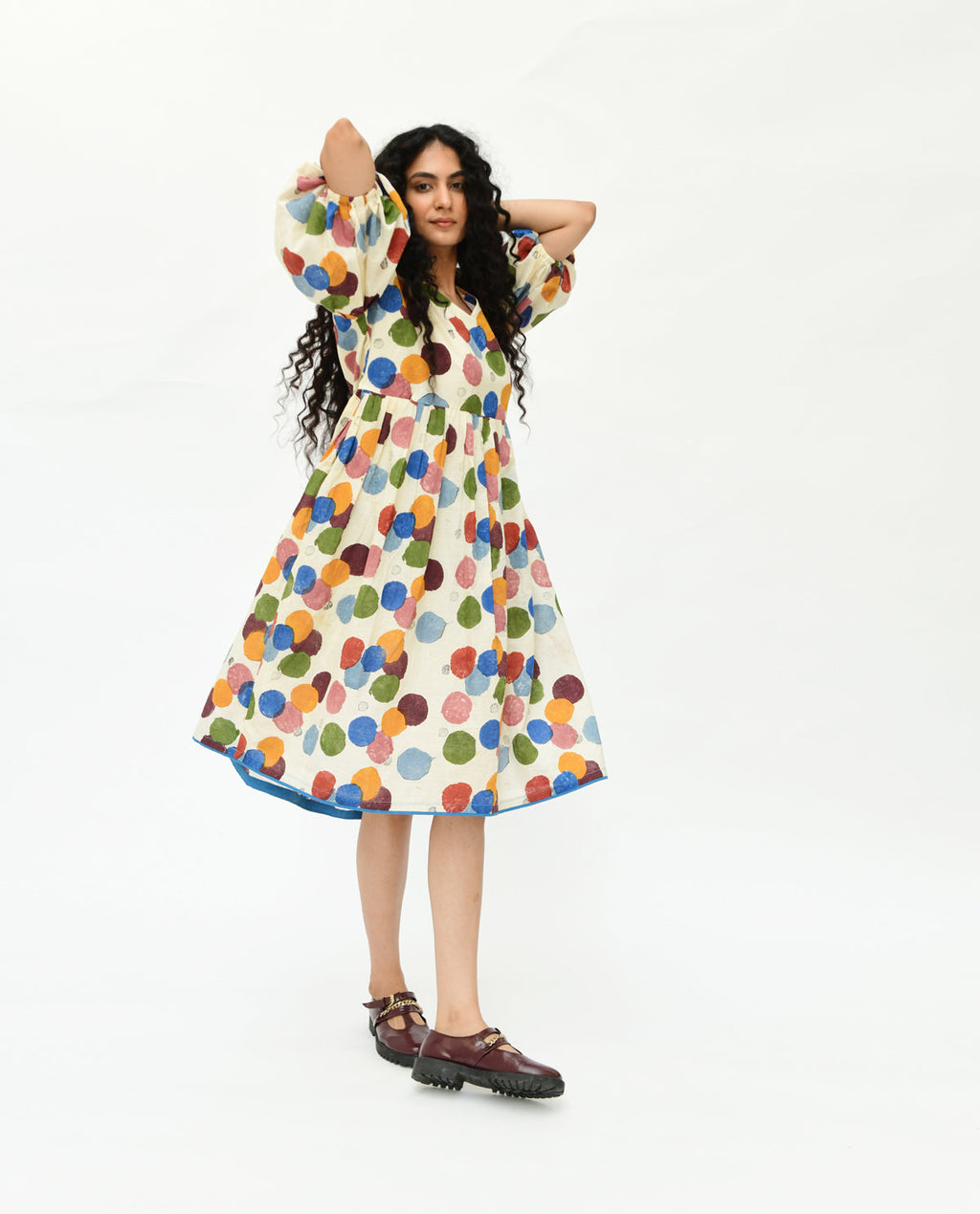 Multicolor Printed Midi Dress by Rias Jaipur with 100% Organic Cotton, Best Selling, Casual Wear, Handblock Printed, Handspun, Handwoven, Midi Dresses, Off-White, Polka Dots, Prints, Relaxed Fit, Void, Void by Rias Jaipur, Void Polka, Womenswear at Kamakhyaa for sustainable fashion