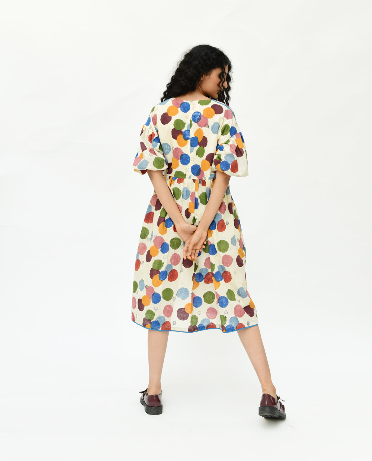 Multicolor Printed Midi Dress at Kamakhyaa by Rias Jaipur. This item is 100% Organic Cotton, Best Selling, Casual Wear, Handblock Printed, Handspun, Handwoven, Midi Dresses, Off-White, Polka Dots, Prints, Relaxed Fit, Void, Void Polka, Womenswear