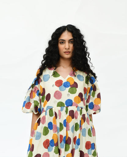 Multicolor Printed Midi Dress at Kamakhyaa by Rias Jaipur. This item is 100% Organic Cotton, Best Selling, Casual Wear, Handblock Printed, Handspun, Handwoven, Midi Dresses, Off-White, Polka Dots, Prints, Relaxed Fit, Void, Void Polka, Womenswear