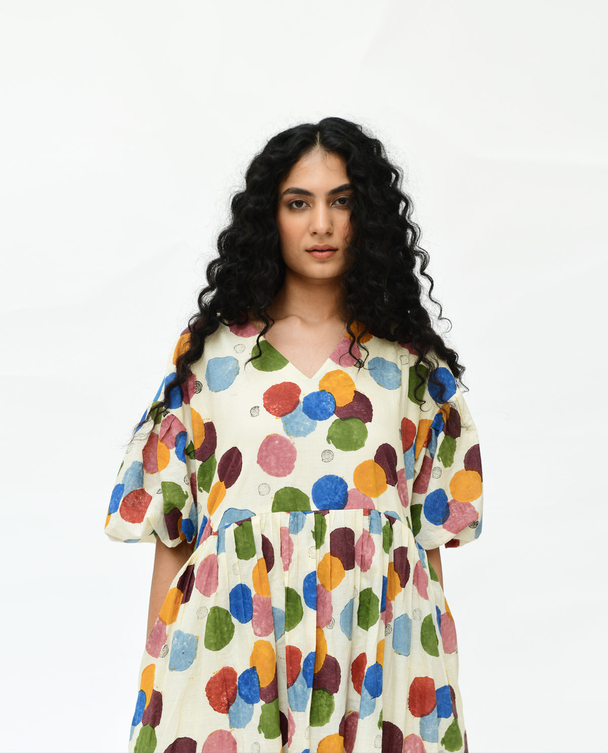 Multicolor Printed Midi Dress by Rias Jaipur with 100% Organic Cotton, Best Selling, Casual Wear, Handblock Printed, Handspun, Handwoven, Midi Dresses, Off-White, Polka Dots, Prints, Relaxed Fit, Void, Void by Rias Jaipur, Void Polka, Womenswear at Kamakhyaa for sustainable fashion