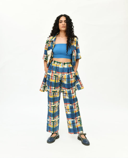 Blue Multicolor Co-ord Set at Kamakhyaa by Rias Jaipur. This item is 100% Organic Cotton, Best Selling, Casual Wear, Co-Ord Sets, Handblock Printed, Handspun, Handwoven, Office Wear Co-ords, Prints, Relaxed Fit, Stellar Print, Stripes, Travel, Travel Co-ords, Vacation, Void, Womenswear