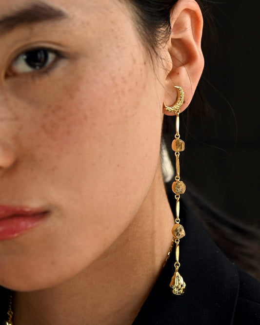 Gold Brass Moonlit Earrings by The Loom Art with Brass, Cosmic Dream by The Loom Art, Danglers, Fashion Jewellery, Free Size, Gold, Gold Plated, jewelry, Long Earrings, Natural at Kamakhyaa for sustainable fashion