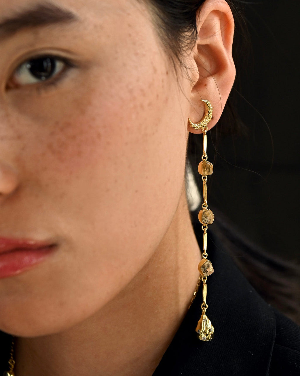 Gold Brass Moonlit Earrings by The Loom Art with Brass, Cosmic Dream by The Loom Art, Danglers, Fashion Jewellery, Free Size, Gold, Gold Plated, jewelry, Long Earrings, Natural at Kamakhyaa for sustainable fashion
