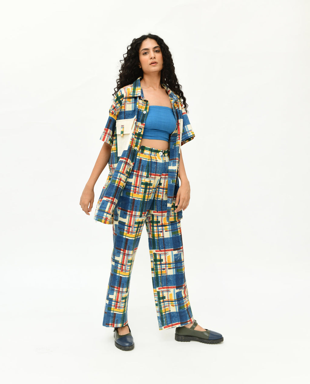 Blue Multicolor Co-ord Set by Rias Jaipur with 100% Organic Cotton, Best Selling, Casual Wear, Co-Ord Sets, Handblock Printed, Handspun, Handwoven, Office Wear Co-ords, Prints, Relaxed Fit, Stellar Print, Stripes, Travel, Travel Co-ords, Vacation, Void, Void by Rias Jaipur, Womenswear at Kamakhyaa for sustainable fashion