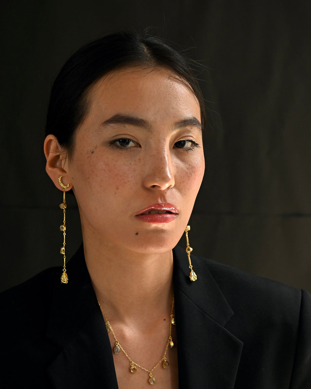 Gold Brass Moonlit Earrings by The Loom Art with Brass, Cosmic Dream by The Loom Art, Danglers, Fashion Jewellery, Free Size, Gold, Gold Plated, jewelry, Long Earrings, Natural at Kamakhyaa for sustainable fashion