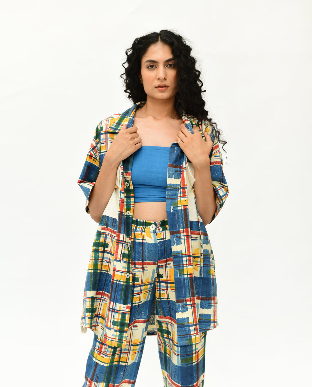 Blue Multicolor Co-ord Set by Rias Jaipur with 100% Organic Cotton, Best Selling, Casual Wear, Co-Ord Sets, Handblock Printed, Handspun, Handwoven, Office Wear Co-ords, Prints, Relaxed Fit, Stellar Print, Stripes, Travel, Travel Co-ords, Vacation, Void, Void by Rias Jaipur, Womenswear at Kamakhyaa for sustainable fashion