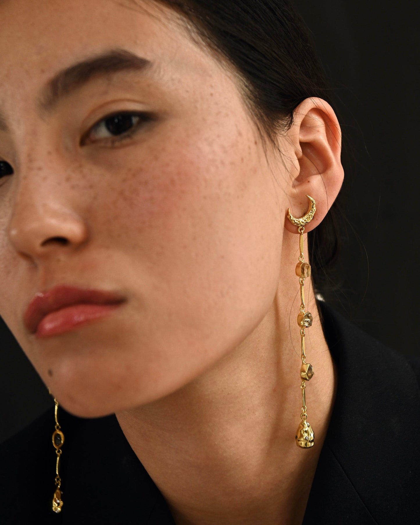 Gold Brass Moonlit Earrings Brass, Cosmic Dream TLA, Free Size, Plated, Long Earrings, Natural, Statement Pieces The Loom Art Kamakhyaa