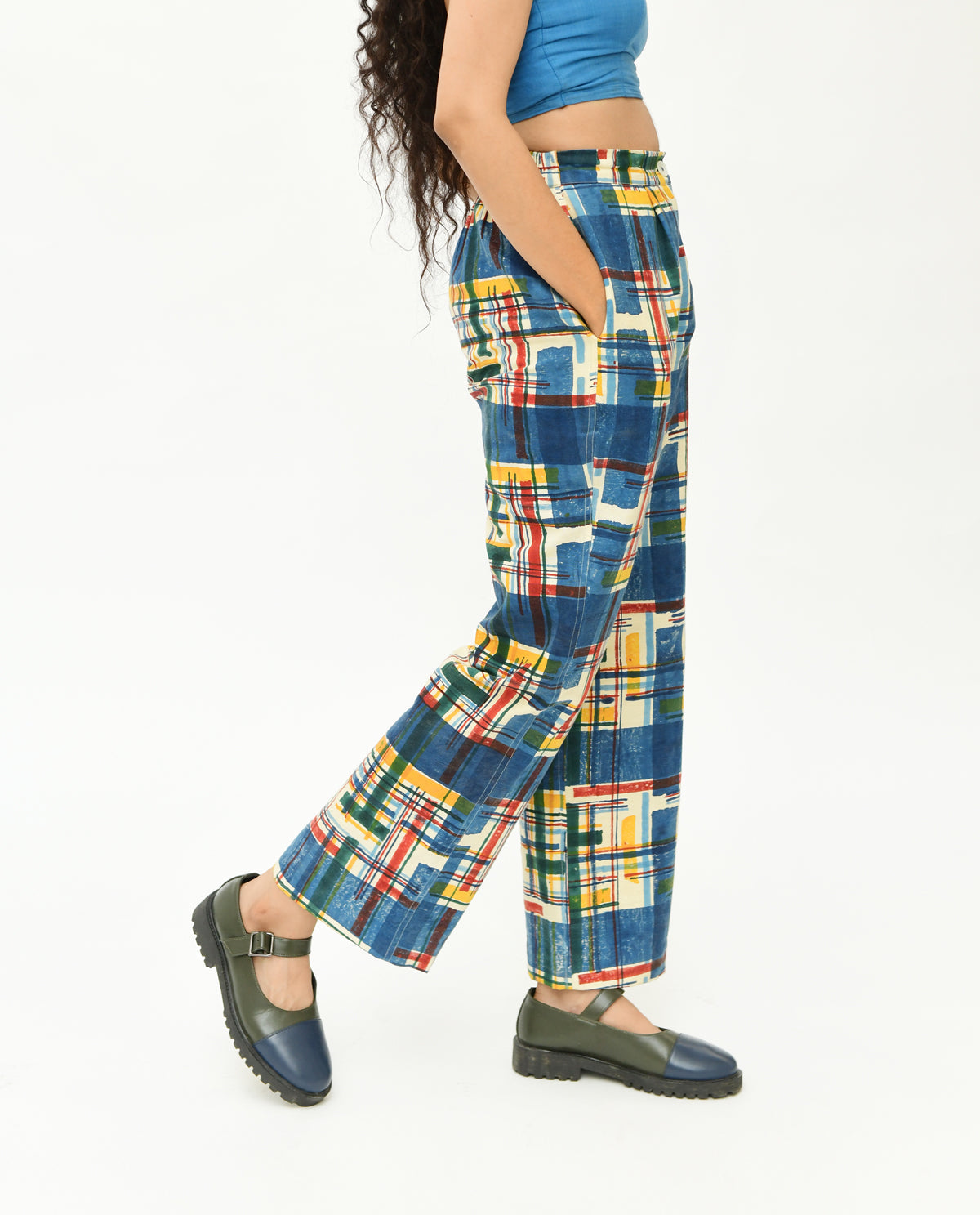 Blue Multicolor Stripes Pant at Kamakhyaa by Rias Jaipur. This item is 100% Organic Cotton, Best Selling, Casual Wear, Handblock Printed, Handspun, Handwoven, Pants, Prints, Relaxed Fit, Stellar Print, Stripes, Void, Womenswear