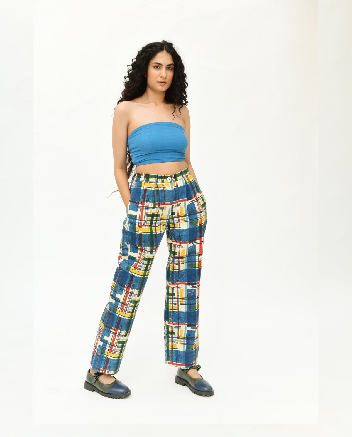 Blue Multicolor Stripes Pant at Kamakhyaa by Rias Jaipur. This item is 100% Organic Cotton, Best Selling, Casual Wear, Handblock Printed, Handspun, Handwoven, Pants, Prints, Relaxed Fit, Stellar Print, Stripes, Void, Womenswear