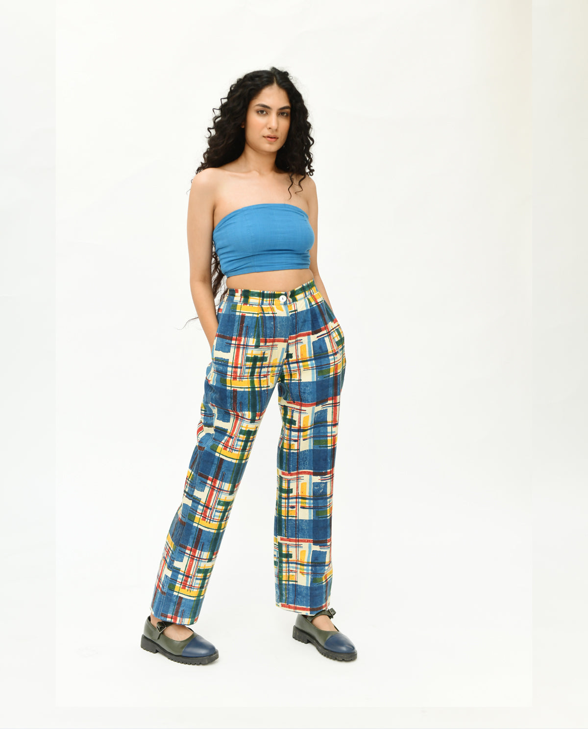 Blue Multicolor Stripes Pant by Rias Jaipur with 100% Organic Cotton, Best Selling, Casual Wear, Handblock Printed, Handspun, Handwoven, Pants, Prints, Relaxed Fit, Stellar Print, Stripes, Void, Void by Rias Jaipur, Womenswear at Kamakhyaa for sustainable fashion