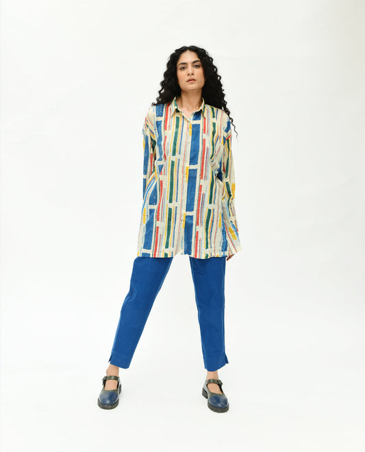 Multicolor Handblock Printed Stripes Shirt by Rias Jaipur with 100% Organic Cotton, Casual Wear, Handblock Printed, Handspun, Handwoven, Off-White, Prints, Relaxed Fit, Shirts, Stellar Print, Stripes, Void, Void by Rias Jaipur, Womenswear at Kamakhyaa for sustainable fashion