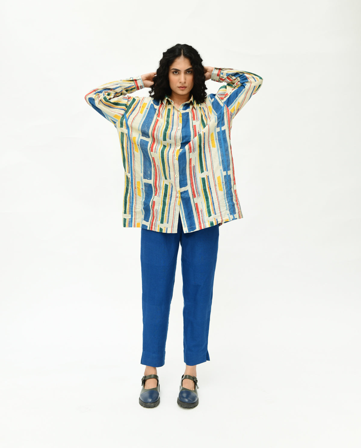 Multicolor Handblock Printed Stripes Shirt at Kamakhyaa by Rias Jaipur. This item is 100% Organic Cotton, Casual Wear, Handblock Printed, Handspun, Handwoven, Off-White, Prints, Relaxed Fit, Shirts, Stellar Print, Stripes, Void, Womenswear