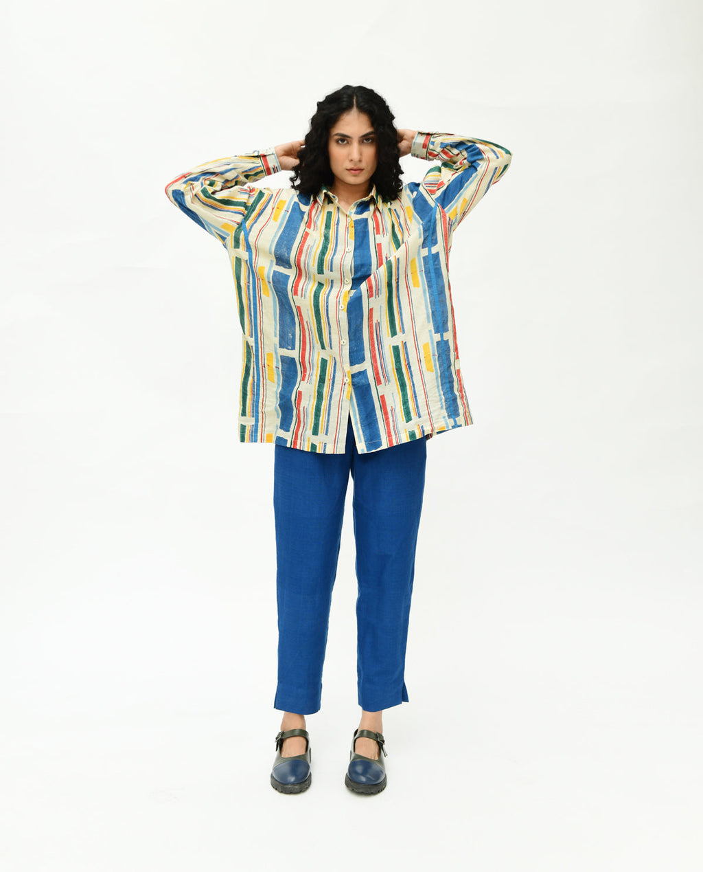 Multicolor Handblock Printed Stripes Shirt by Rias Jaipur with 100% Organic Cotton, Casual Wear, Handblock Printed, Handspun, Handwoven, Off-White, Prints, Relaxed Fit, Shirts, Stellar Print, Stripes, Void, Void by Rias Jaipur, Womenswear at Kamakhyaa for sustainable fashion