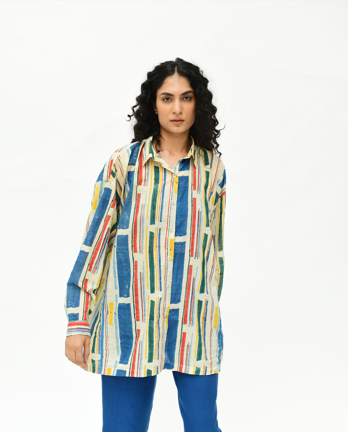 Multicolor Handblock Printed Stripes Shirt at Kamakhyaa by Rias Jaipur. This item is 100% Organic Cotton, Casual Wear, Handblock Printed, Handspun, Handwoven, Off-White, Prints, Relaxed Fit, Shirts, Stellar Print, Stripes, Void, Womenswear