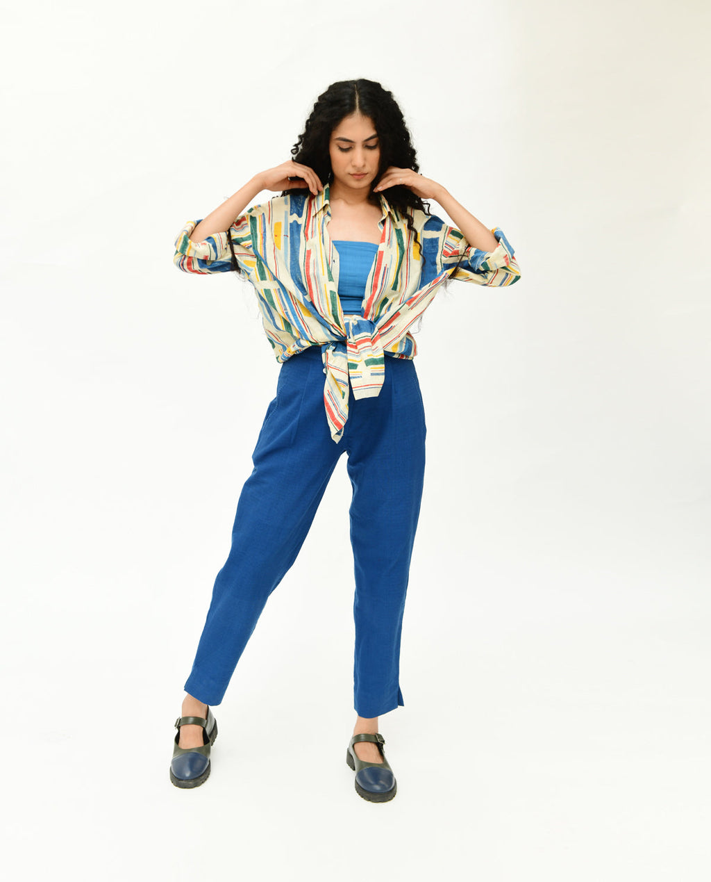 Multicolor Stripes Shirt by Rias Jaipur with 100% Organic Cotton, Best Selling, Casual Wear, Handblock Printed, Handspun, Handwoven, Off-White, Prints, Relaxed Fit, Shirts, Stellar Print, Stripes, Void, Void by Rias Jaipur, Womenswear at Kamakhyaa for sustainable fashion