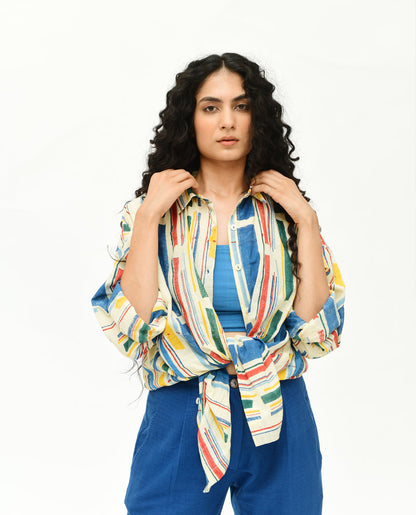 Multicolor Stripes Shirt at Kamakhyaa by Rias Jaipur. This item is 100% Organic Cotton, Best Selling, Casual Wear, Handblock Printed, Handspun, Handwoven, Off-White, Prints, Relaxed Fit, Shirts, Stellar Print, Stripes, Void, Womenswear