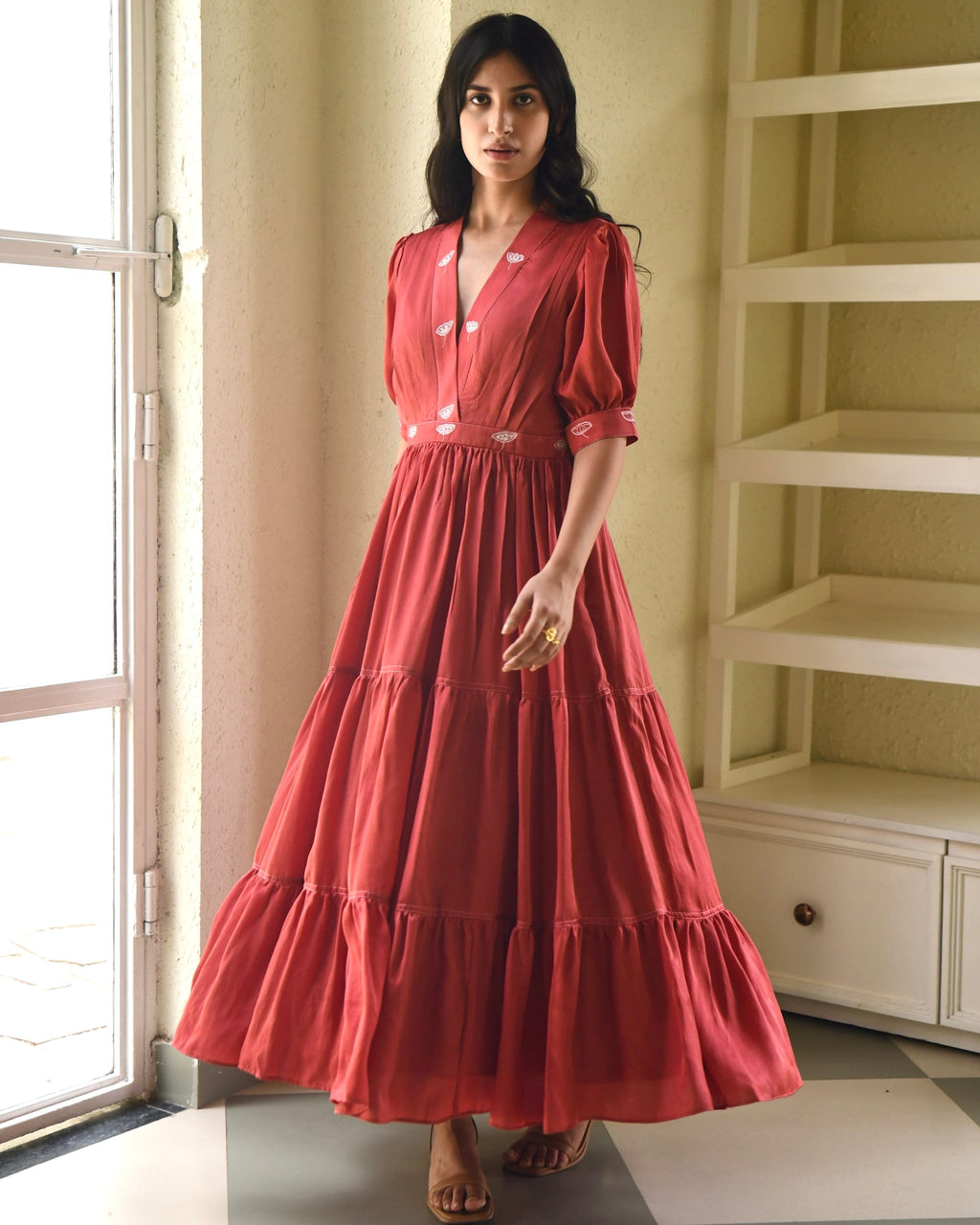Red Embroidered Satin Tiered Dress by Taro with Dusk To Dawn by Taro, Embroidered, Evening Wear, July Sale, July Sale 2023, Modal Satin, Natural, Pink, Regular Fit, Silk, Tiered Dresses, Womenswear at Kamakhyaa for sustainable fashion