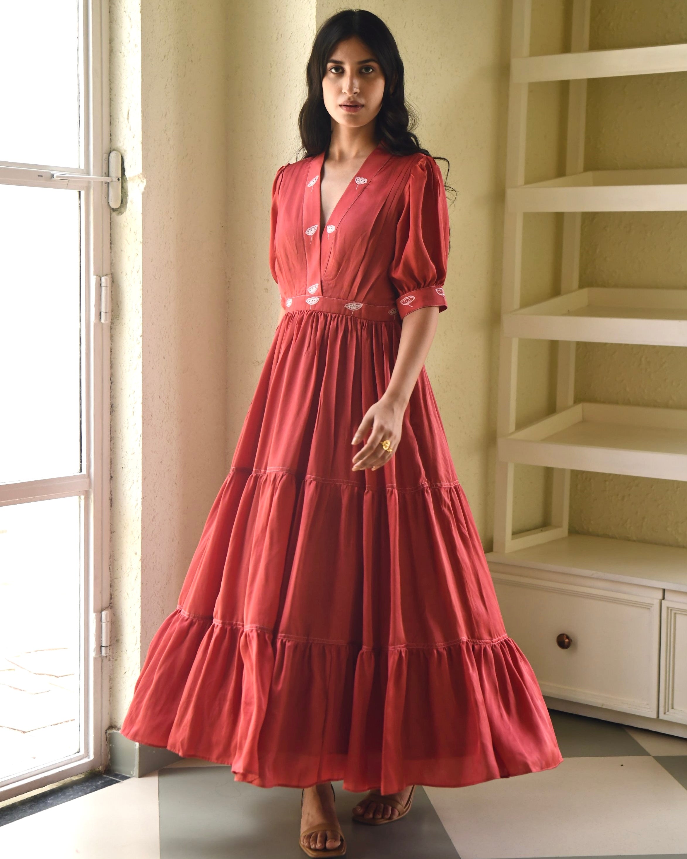 Red Embroidered Satin Tiered Dress by Taro with Dusk To Dawn by Taro, Embroidered, Evening Wear, July Sale, July Sale 2023, Modal Satin, Natural, Pink, Regular Fit, Silk, Tiered Dresses, Womenswear at Kamakhyaa for sustainable fashion