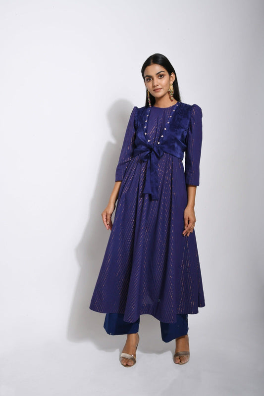 Violet Cotton Kurta Set With Dupatta by Taro with Bahaar by Taro, Blue, Evening Wear, Handwoven cotton, Indian Wear, Indo-Western, July Sale, July Sale 2023, Kurta Pant Sets, Kurta Set With Dupatta, Natural, Regular Fit, Textured, Womenswear at Kamakhyaa for sustainable fashion