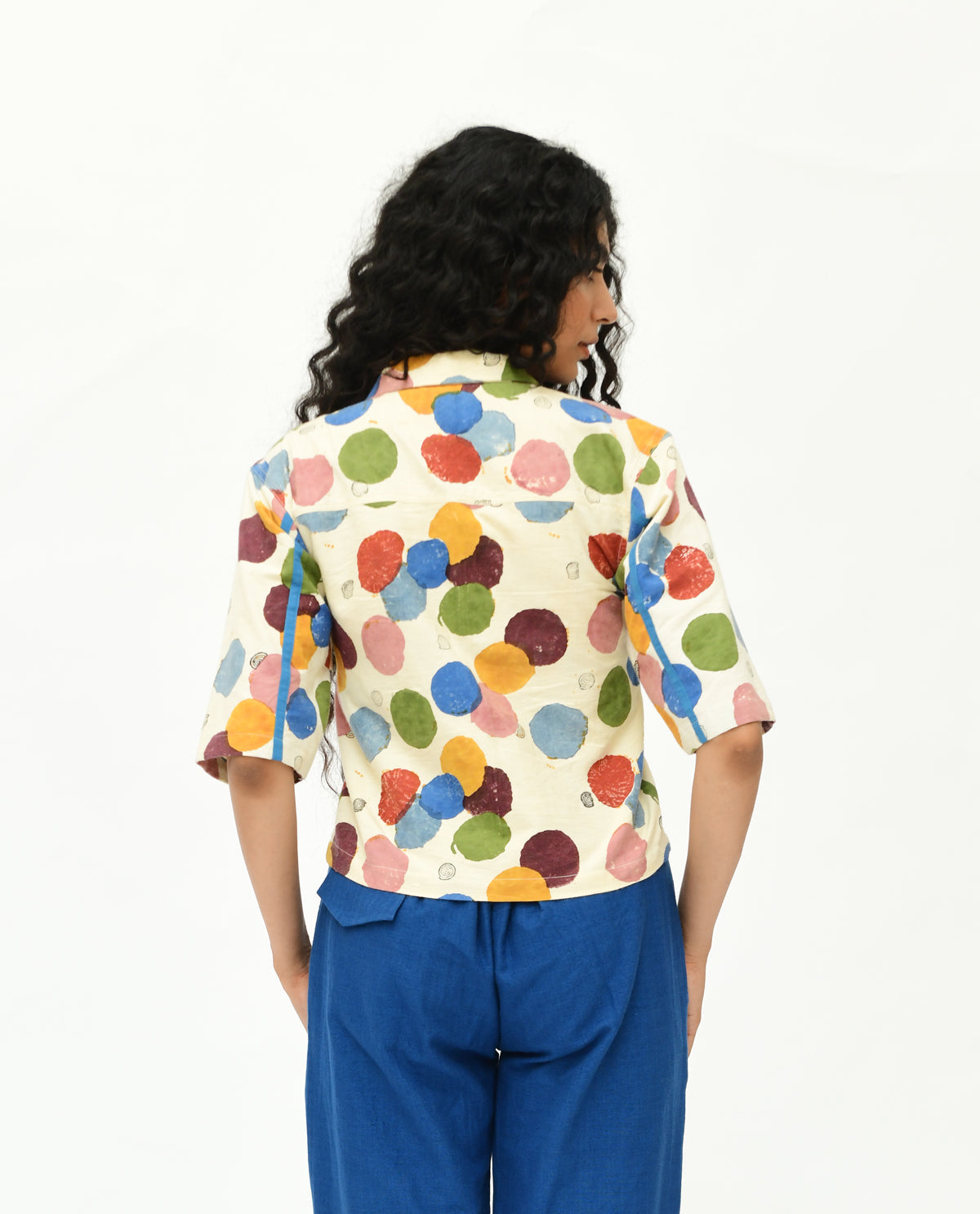 Handblock Printed Collared Shirt by Rias Jaipur with 100% Organic Cotton, Casual Wear, Handblock Printed, Handspun, Handwoven, Off-White, Polka Dots, Prints, Relaxed Fit, Shirts, Void, Void by Rias Jaipur, Void Polka, Womenswear at Kamakhyaa for sustainable fashion