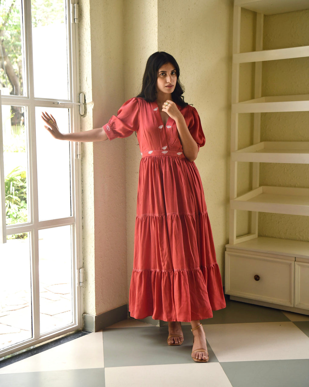 Red Embroidered Satin Tiered Dress by Taro with Dusk To Dawn by Taro, Embroidered, Evening Wear, July Sale, July Sale 2023, Modal Satin, Natural, Pink, Regular Fit, Silk, Tiered Dresses, Womenswear at Kamakhyaa for sustainable fashion