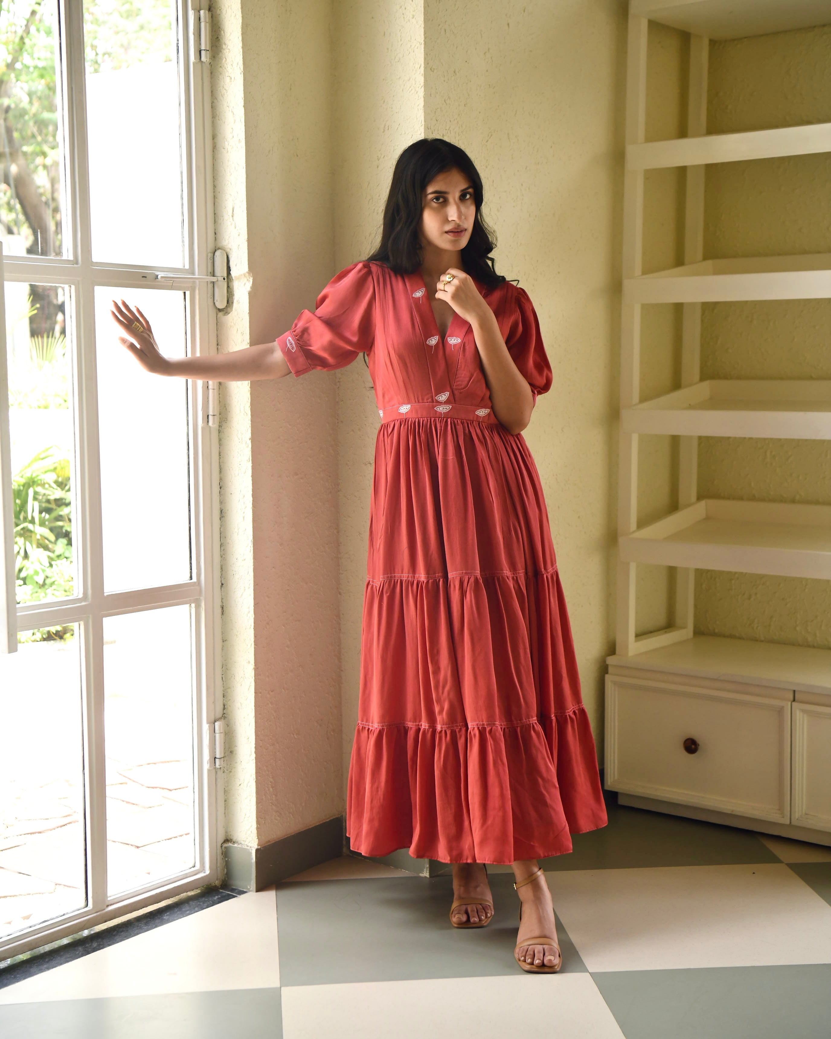 Red Embroidered Satin Tiered Dress by Taro with Dusk To Dawn by Taro, Embroidered, Evening Wear, July Sale, July Sale 2023, Modal Satin, Natural, Pink, Regular Fit, Silk, Tiered Dresses, Womenswear at Kamakhyaa for sustainable fashion