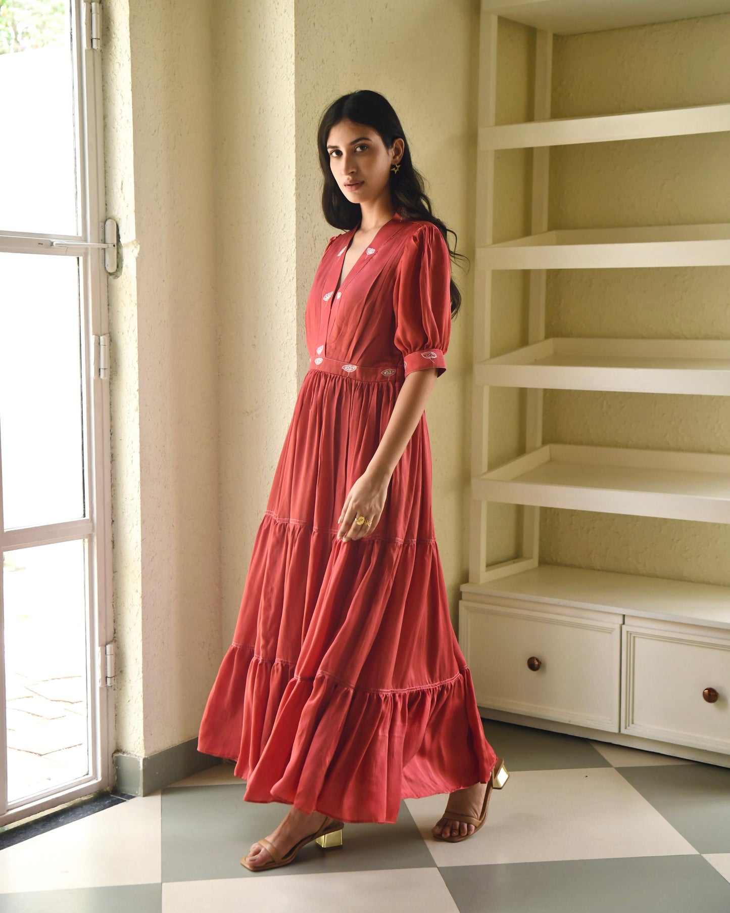 Red Embroidered Satin Tiered Dress by Taro with Dusk To Dawn by Taro, Embroidered, Evening Wear, July Sale, July Sale 2023, Modal Satin, Natural, Pink, Regular Fit, Silk, Tiered Dresses, Womenswear at Kamakhyaa for sustainable fashion