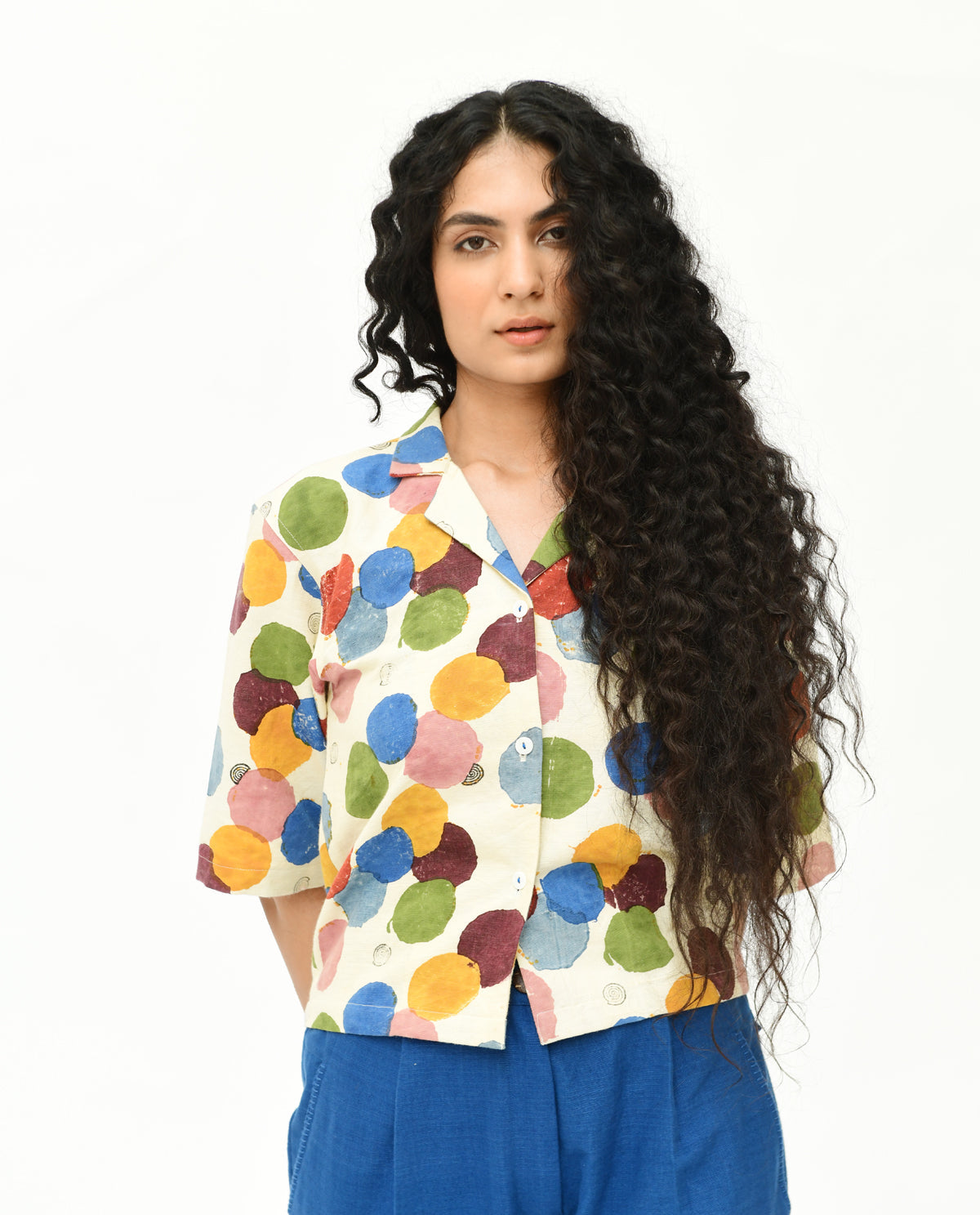 Handblock Printed Collared Shirt by Rias Jaipur with 100% Organic Cotton, Casual Wear, Handblock Printed, Handspun, Handwoven, Off-White, Polka Dots, Prints, Relaxed Fit, Shirts, Void, Void by Rias Jaipur, Void Polka, Womenswear at Kamakhyaa for sustainable fashion