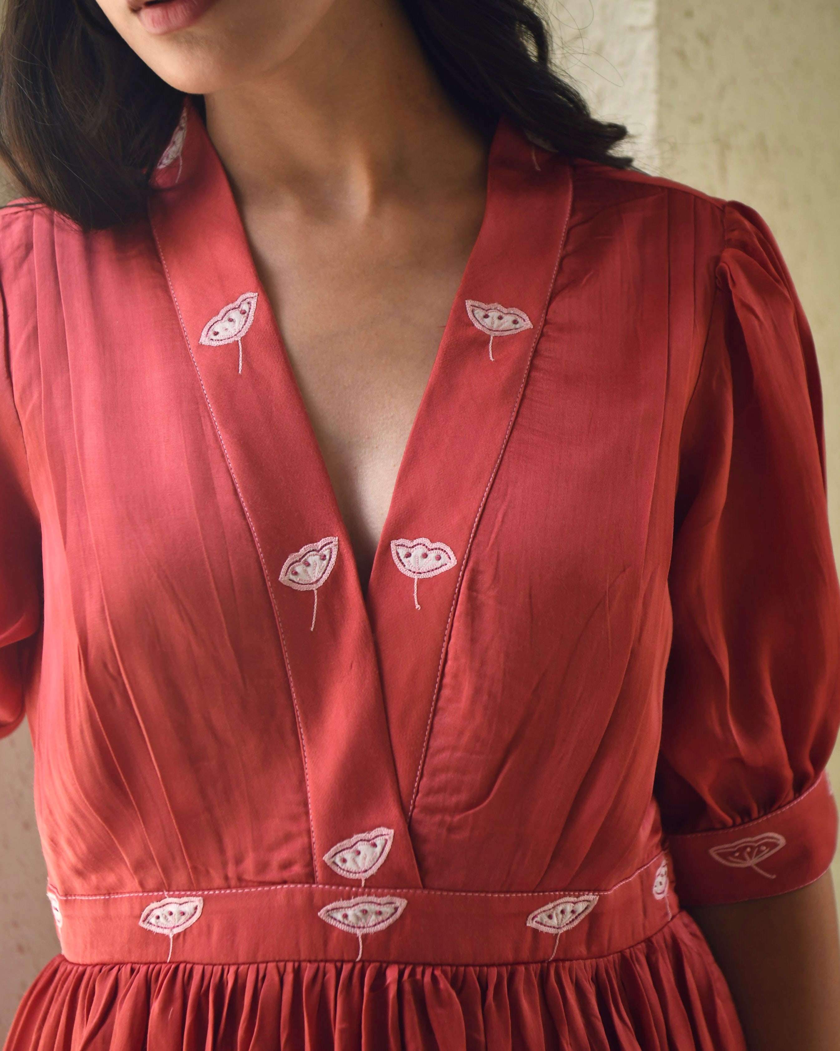 Red Embroidered Satin Tiered Dress by Taro with Dusk To Dawn by Taro, Embroidered, Evening Wear, July Sale, July Sale 2023, Modal Satin, Natural, Pink, Regular Fit, Silk, Tiered Dresses, Womenswear at Kamakhyaa for sustainable fashion