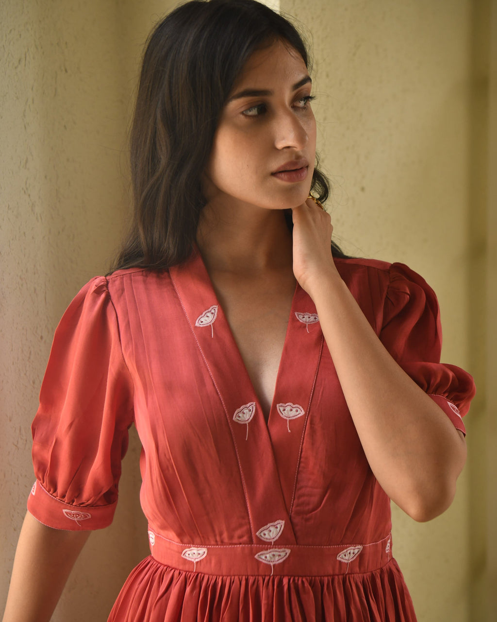 Red Embroidered Satin Tiered Dress by Taro with Dusk To Dawn by Taro, Embroidered, Evening Wear, July Sale, July Sale 2023, Modal Satin, Natural, Pink, Regular Fit, Silk, Tiered Dresses, Womenswear at Kamakhyaa for sustainable fashion