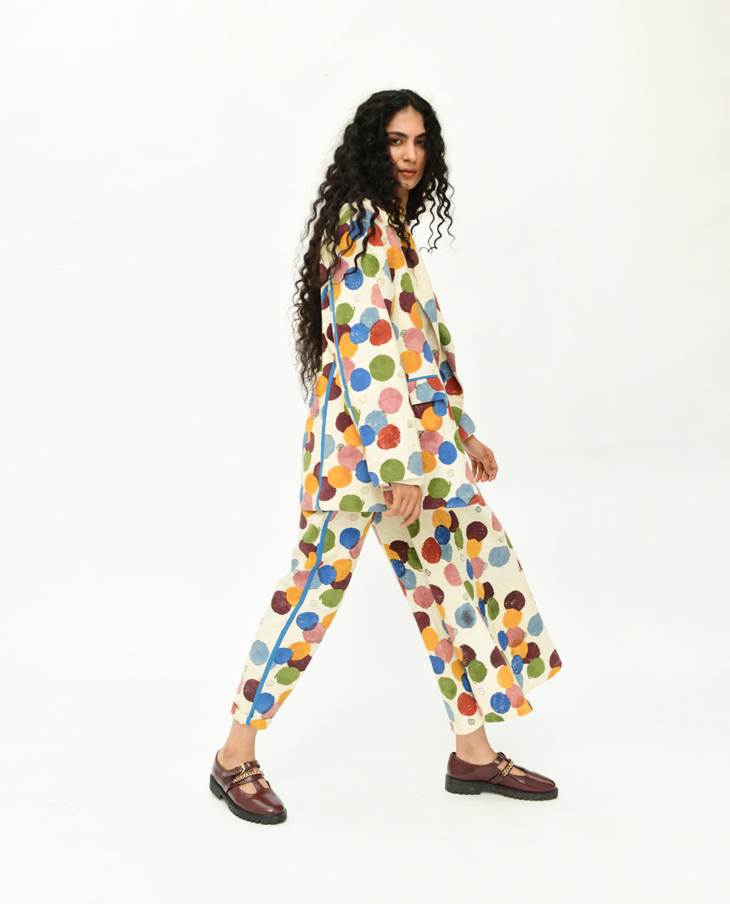 Multicolor Polka Dot Co-ord Set by Rias Jaipur with 100% Organic Cotton, Casual Wear, Co-Ord Sets, Handblock Printed, Handspun, Handwoven, Off-White, Polka Dots, Prints, Relaxed Fit, Travel, Travel Co-ords, Void, Void by Rias Jaipur, Void Polka, Womenswear at Kamakhyaa for sustainable fashion