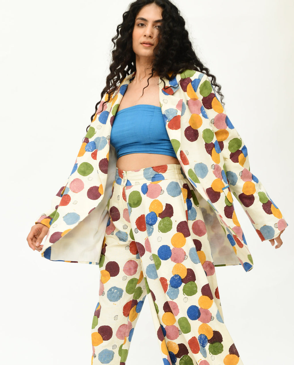 Handblock Printed Oversized Blazer by Rias Jaipur with 100% Organic Cotton, Best Selling, Casual Wear, Handblock Printed, Handspun, Handwoven, Off-White, Polka Dots, Prints, Relaxed Fit, Shrugs, Void, Void by Rias Jaipur, Void Polka, Womenswear at Kamakhyaa for sustainable fashion