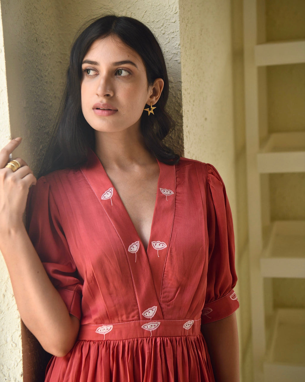 Red Embroidered Satin Tiered Dress by Taro with Dusk To Dawn by Taro, Embroidered, Evening Wear, July Sale, July Sale 2023, Modal Satin, Natural, Pink, Regular Fit, Silk, Tiered Dresses, Womenswear at Kamakhyaa for sustainable fashion