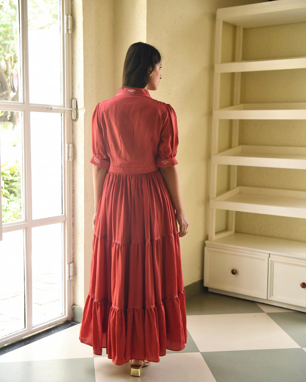 Red Embroidered Satin Tiered Dress by Taro with Dusk To Dawn by Taro, Embroidered, Evening Wear, July Sale, July Sale 2023, Modal Satin, Natural, Pink, Regular Fit, Silk, Tiered Dresses, Womenswear at Kamakhyaa for sustainable fashion