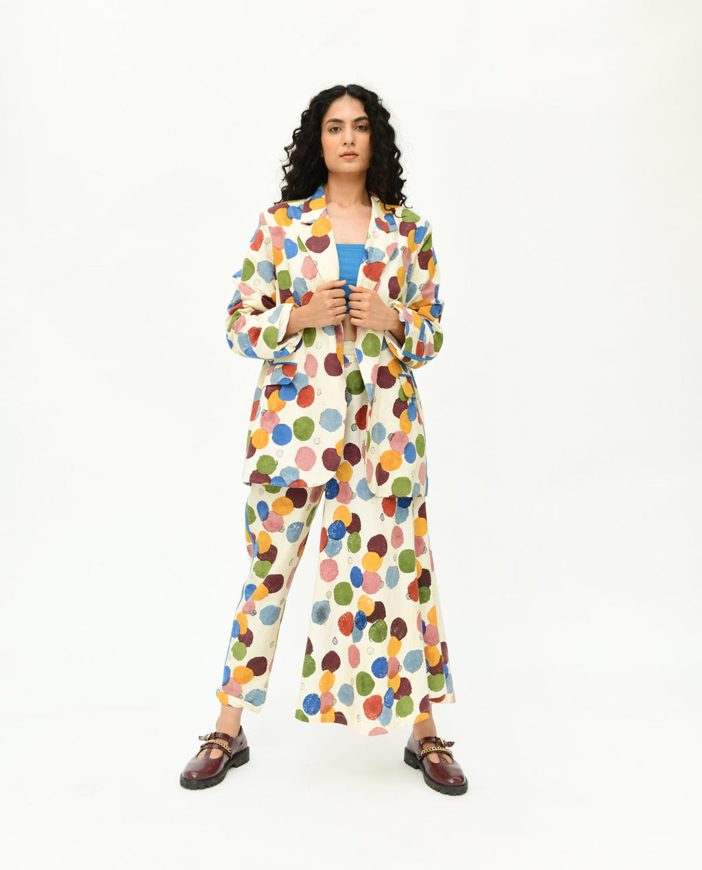 Multicolor Polka Dot Co-ord Set by Rias Jaipur with 100% Organic Cotton, Casual Wear, Co-Ord Sets, Handblock Printed, Handspun, Handwoven, Off-White, Polka Dots, Prints, Relaxed Fit, Travel, Travel Co-ords, Void, Void by Rias Jaipur, Void Polka, Womenswear at Kamakhyaa for sustainable fashion