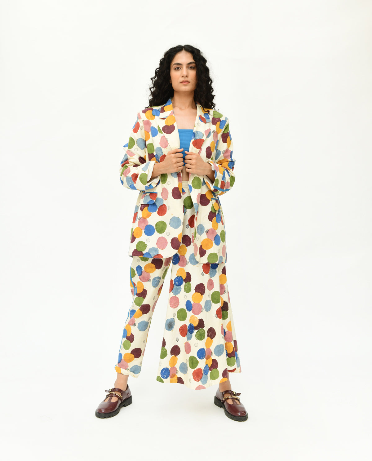 Multicolor Polka Dot Co-ord Set by Rias Jaipur with 100% Organic Cotton, Casual Wear, Co-Ord Sets, Handblock Printed, Handspun, Handwoven, Off-White, Polka Dots, Prints, Relaxed Fit, Travel, Travel Co-ords, Void, Void by Rias Jaipur, Void Polka, Womenswear at Kamakhyaa for sustainable fashion