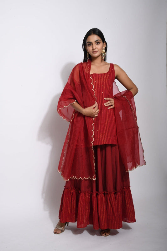 Red Cotton Kurta Skirt Set With Dupatta by Taro with Bahaar by Taro, Evening Wear, Handwoven cotton, Indian Wear, Indo-Western, July Sale, July Sale 2023, Lehenga Sets, Natural, Organza, Red, Regular Fit, Textured, Wedding Gifts, Womenswear at Kamakhyaa for sustainable fashion